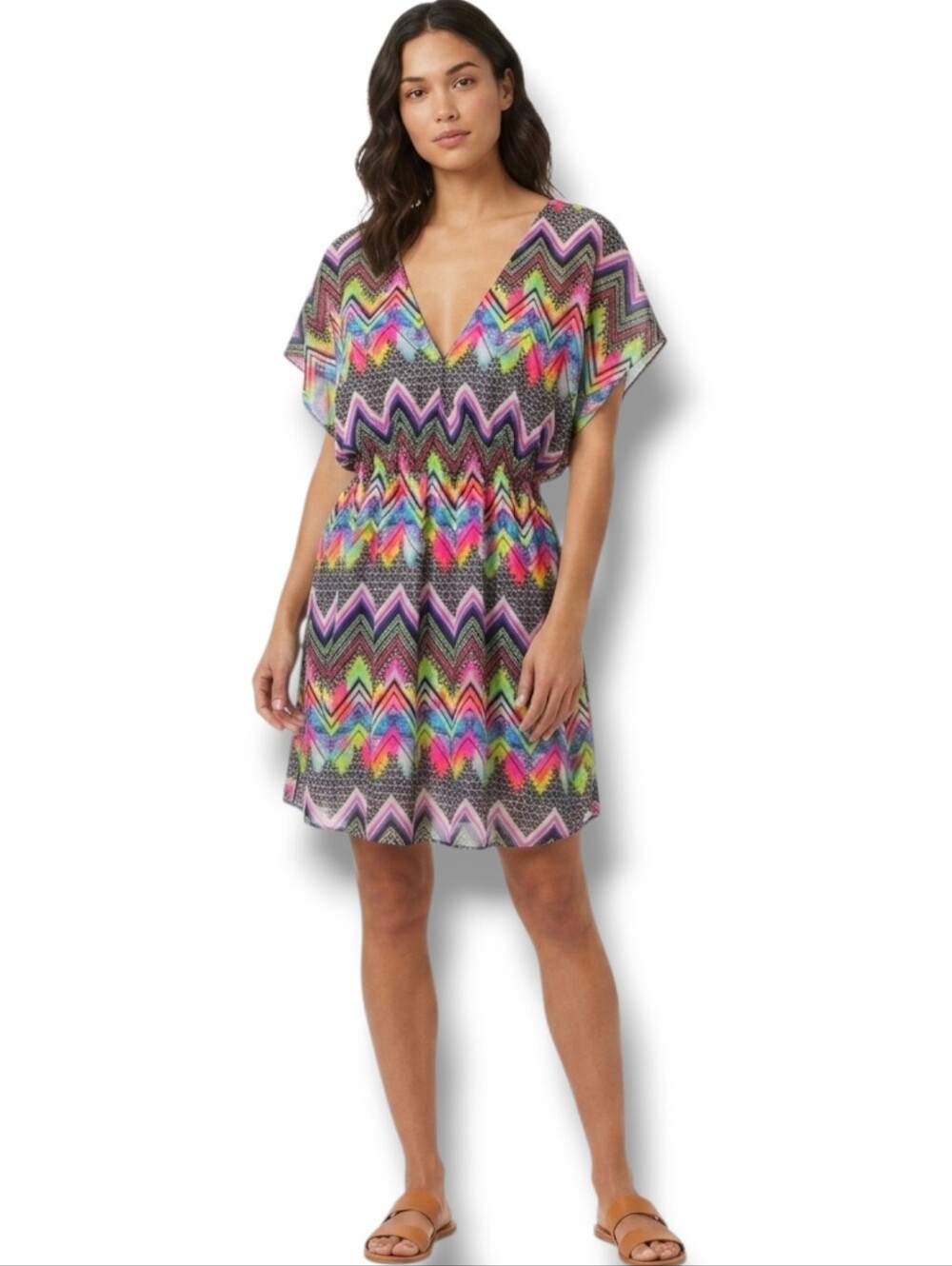 Miken Swim Women’s Multicolor Chevron Deep V-Neck Sleeveless Cover-Up – Size XS